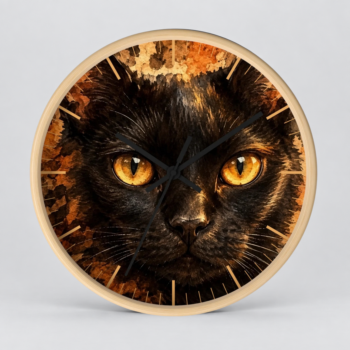 Watercolor Black Cat Wood Wall Clock - Cheetah Print Background
