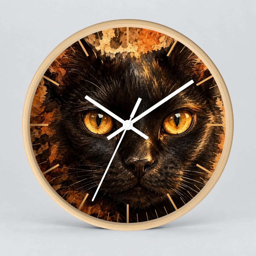 Watercolor Black Cat Wood Wall Clock - Cheetah Print Background