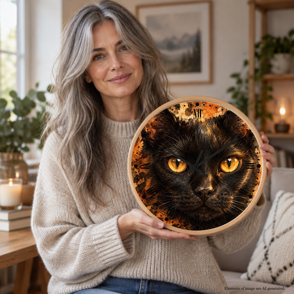 A woman with long gray hair holds a round wooden wall clock featuring a detailed black cat portrait with glowing yellow eyes and Roman numeral hour markers, set against a cozy, warm-toned living room background.