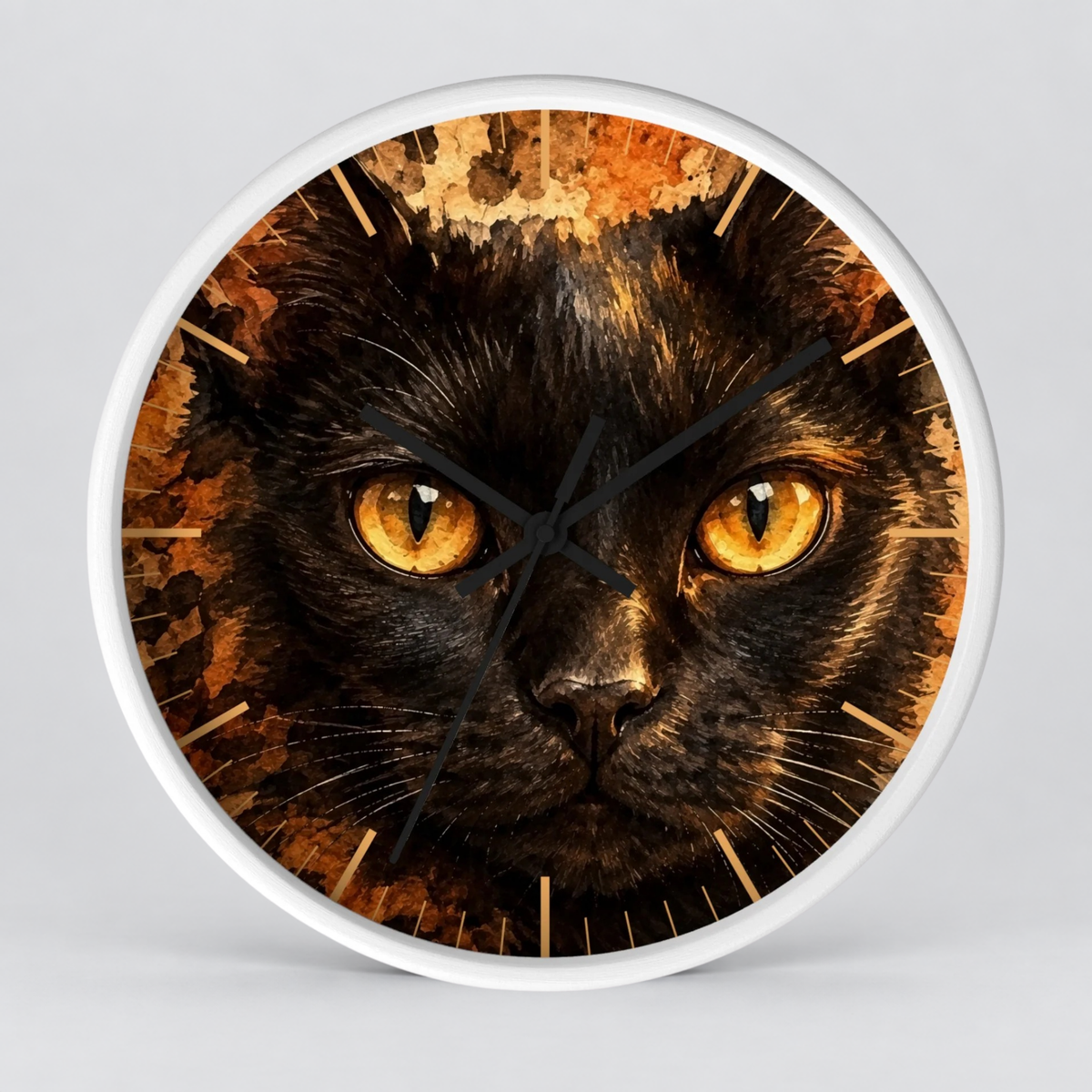 Watercolor Black Cat Wood Wall Clock - Cheetah Print Background