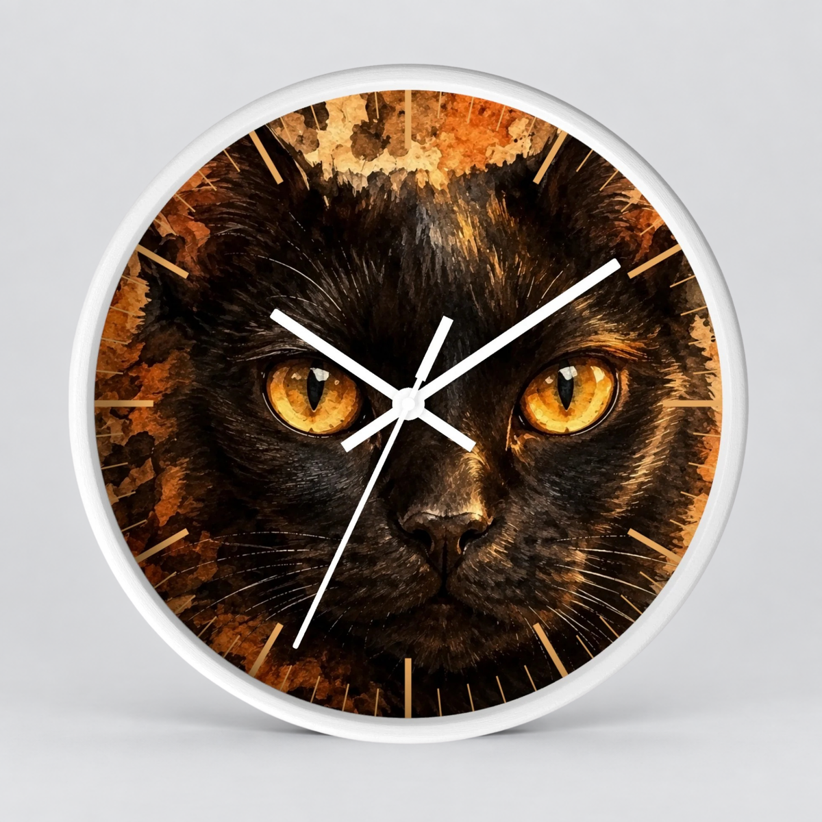 Watercolor Black Cat Wood Wall Clock - Cheetah Print Background