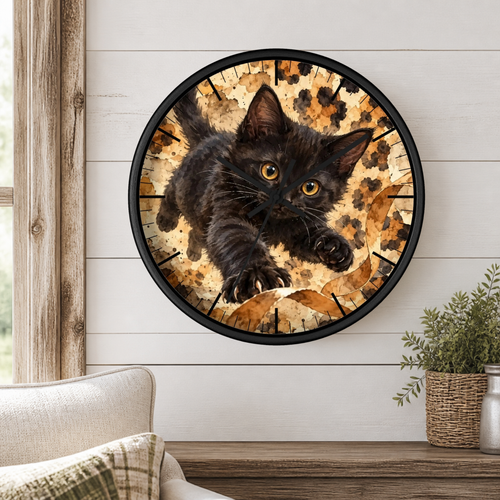 A round wall clock with a black kitten illustration over a leopard-print background, mounted on a white shiplap wall above a wooden shelf with a plant and cushion.
