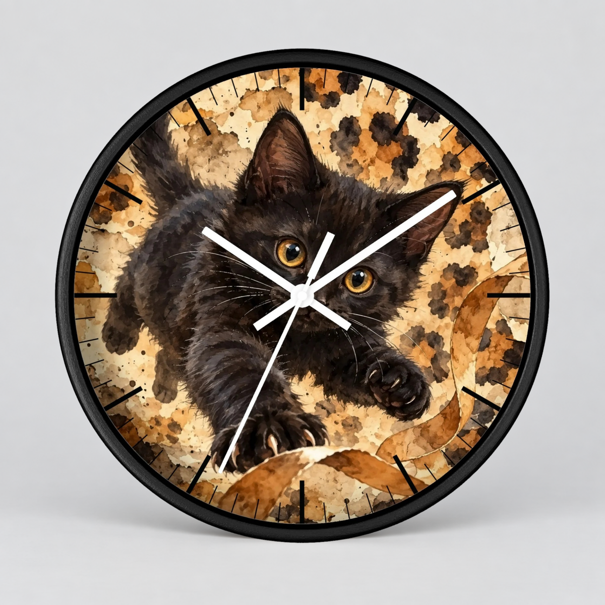 Watercolor Cheetah Print Black Kitten Wood Wall Clock - Cat Lover Decor