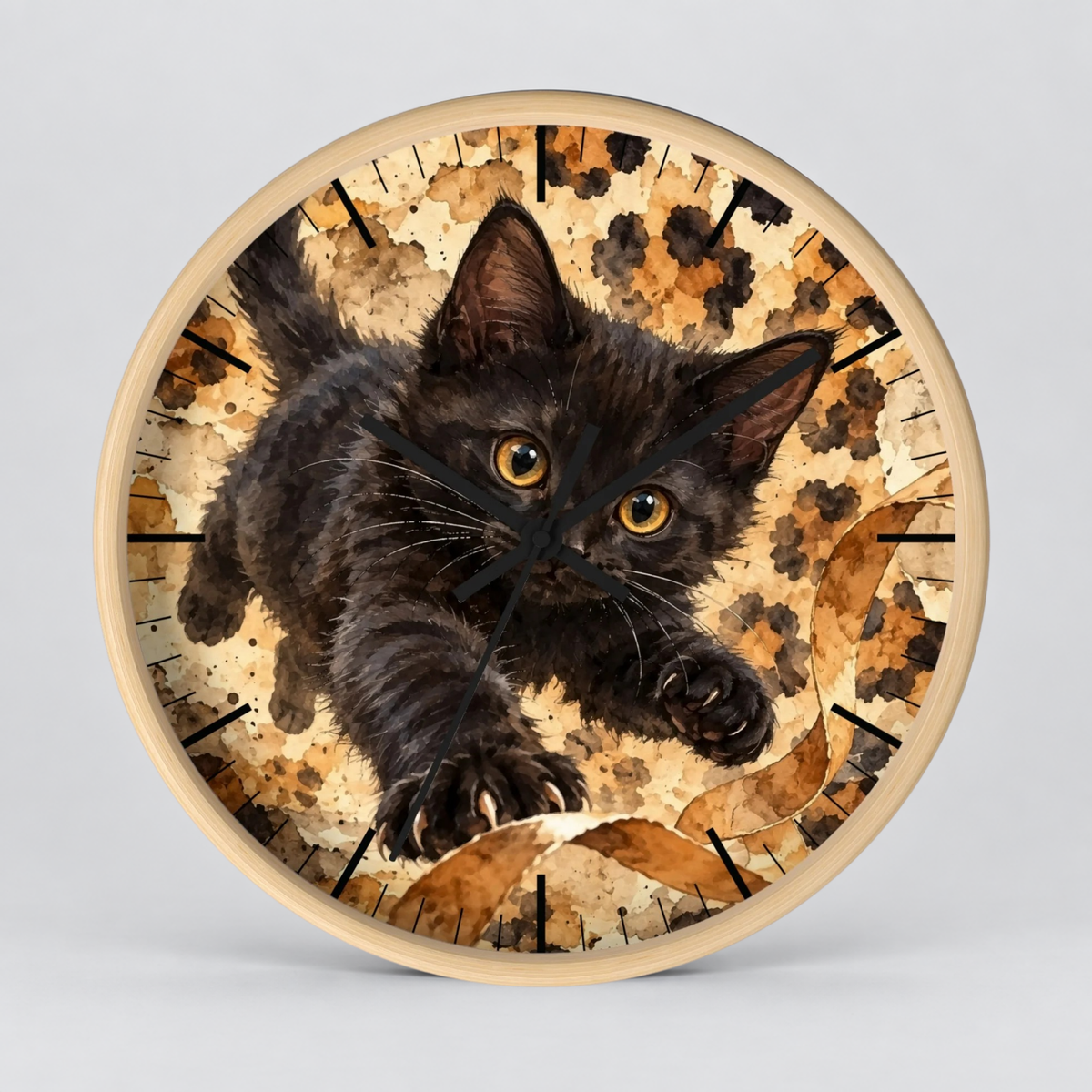 Watercolor Cheetah Print Black Kitten Wood Wall Clock - Cat Lover Decor