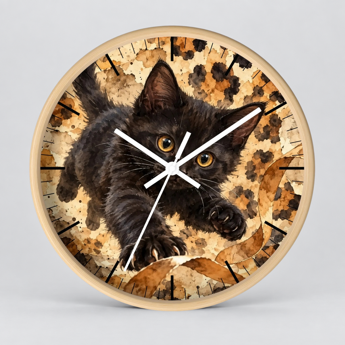 Watercolor Cheetah Print Black Kitten Wood Wall Clock - Cat Lover Decor