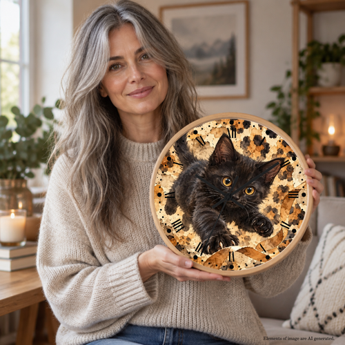 A woman with long gray hair holds a round wooden clock in a cozy indoor setting. The clock face features a black kitten on a leopard-print background with Roman numerals.