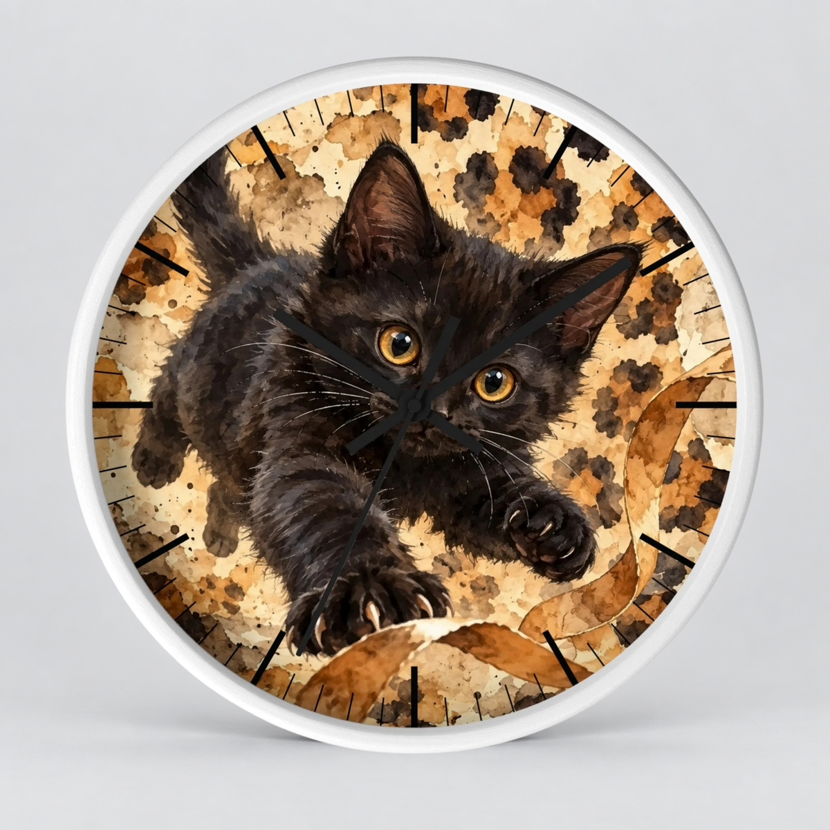 Watercolor Cheetah Print Black Kitten Wood Wall Clock - Cat Lover Decor
