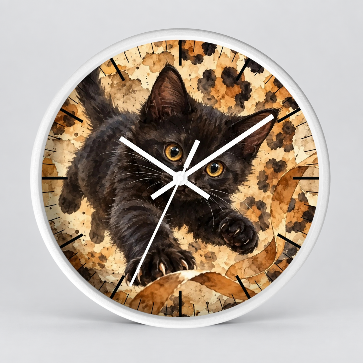 Watercolor Cheetah Print Black Kitten Wood Wall Clock - Cat Lover Decor