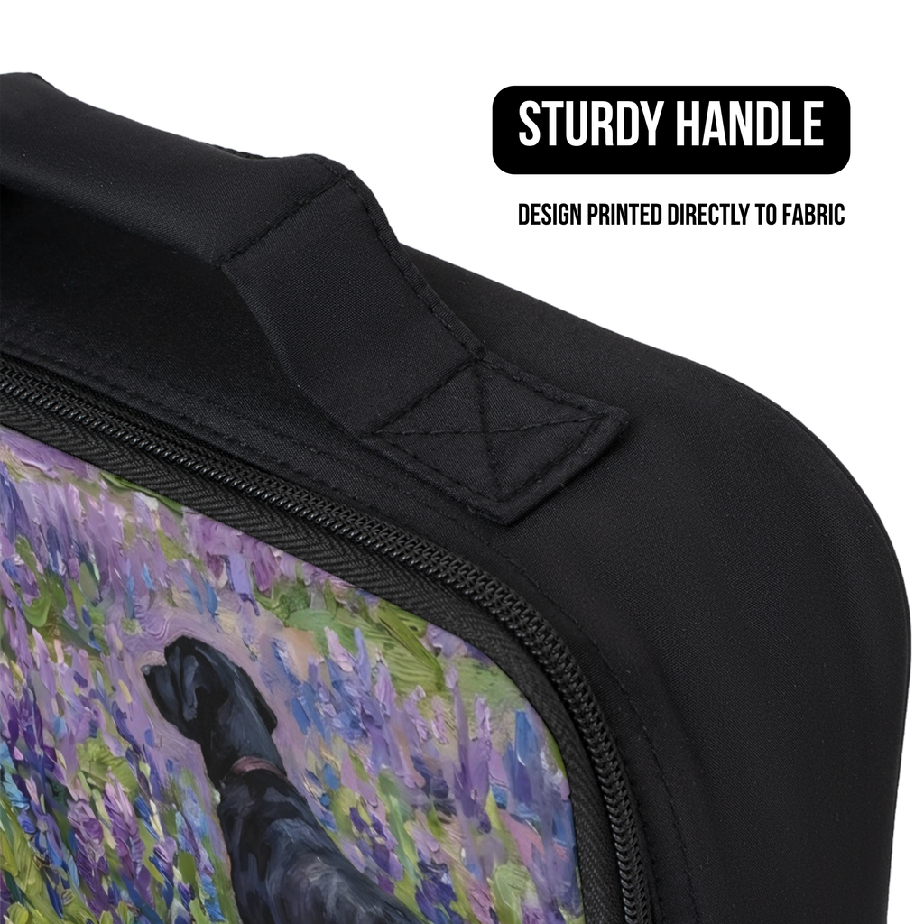 Black fabric bag with a handle and design printed directly to fabric, on a white background.