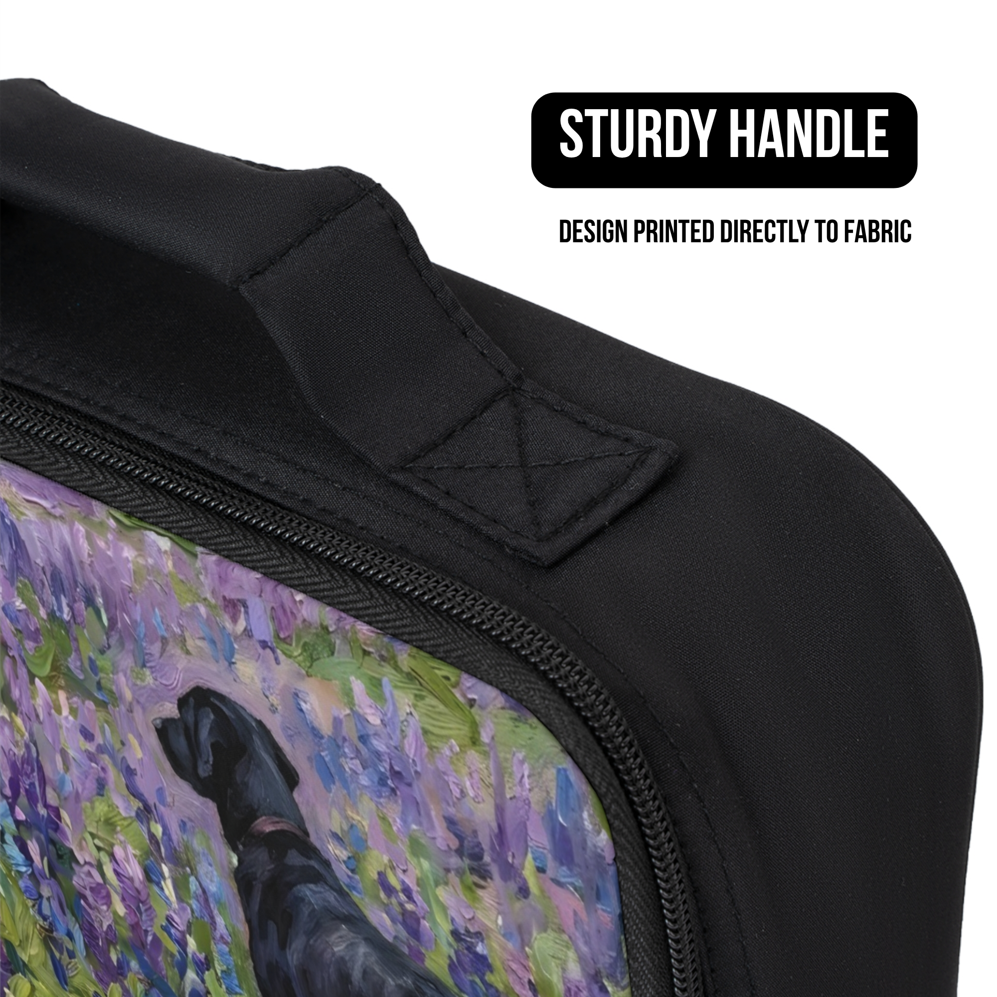 Black fabric bag with a handle and design printed directly to fabric, on a white background.