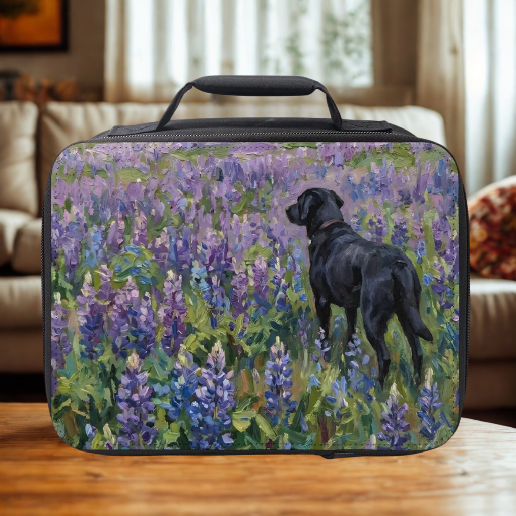 Lunch bag with a black dog and lupine flowers design on a wooden surface.