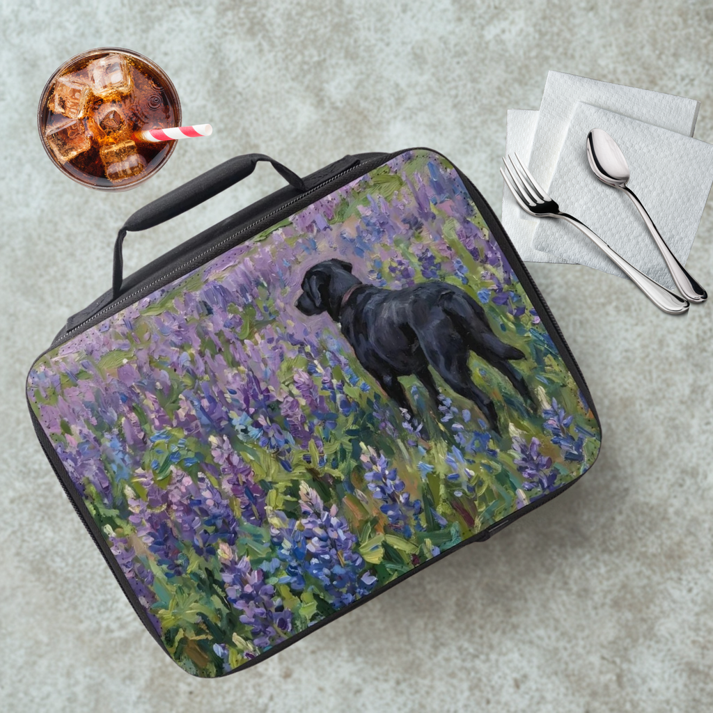 Lunch bag with a black lab dog design on a gray surface with a drink and utensils.
