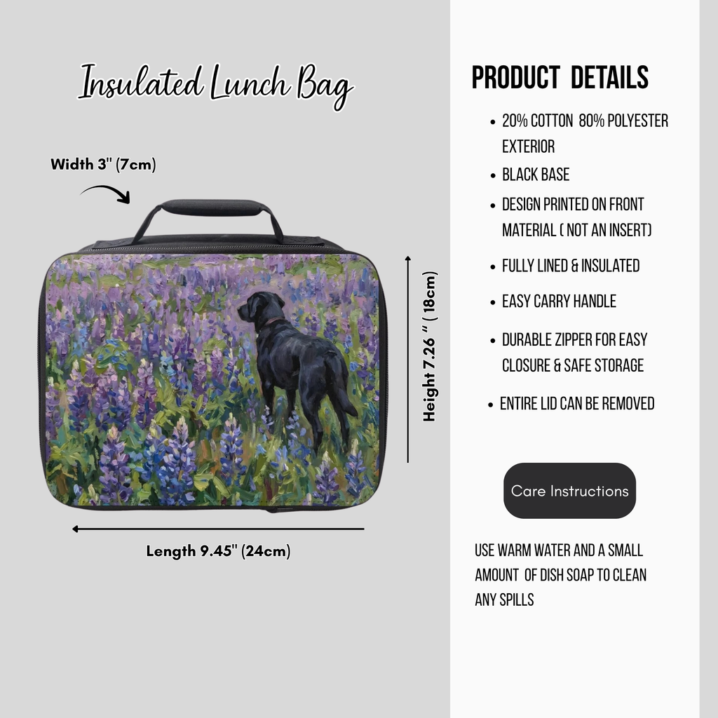 Insulated lunch bag with a black dog design on a gray background