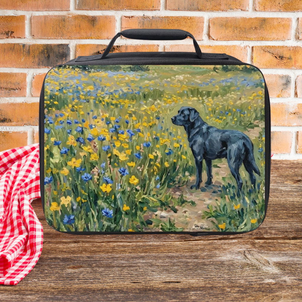 Black Labrador In Yellow and Blue Wildflowers Insulated Lunch Bag