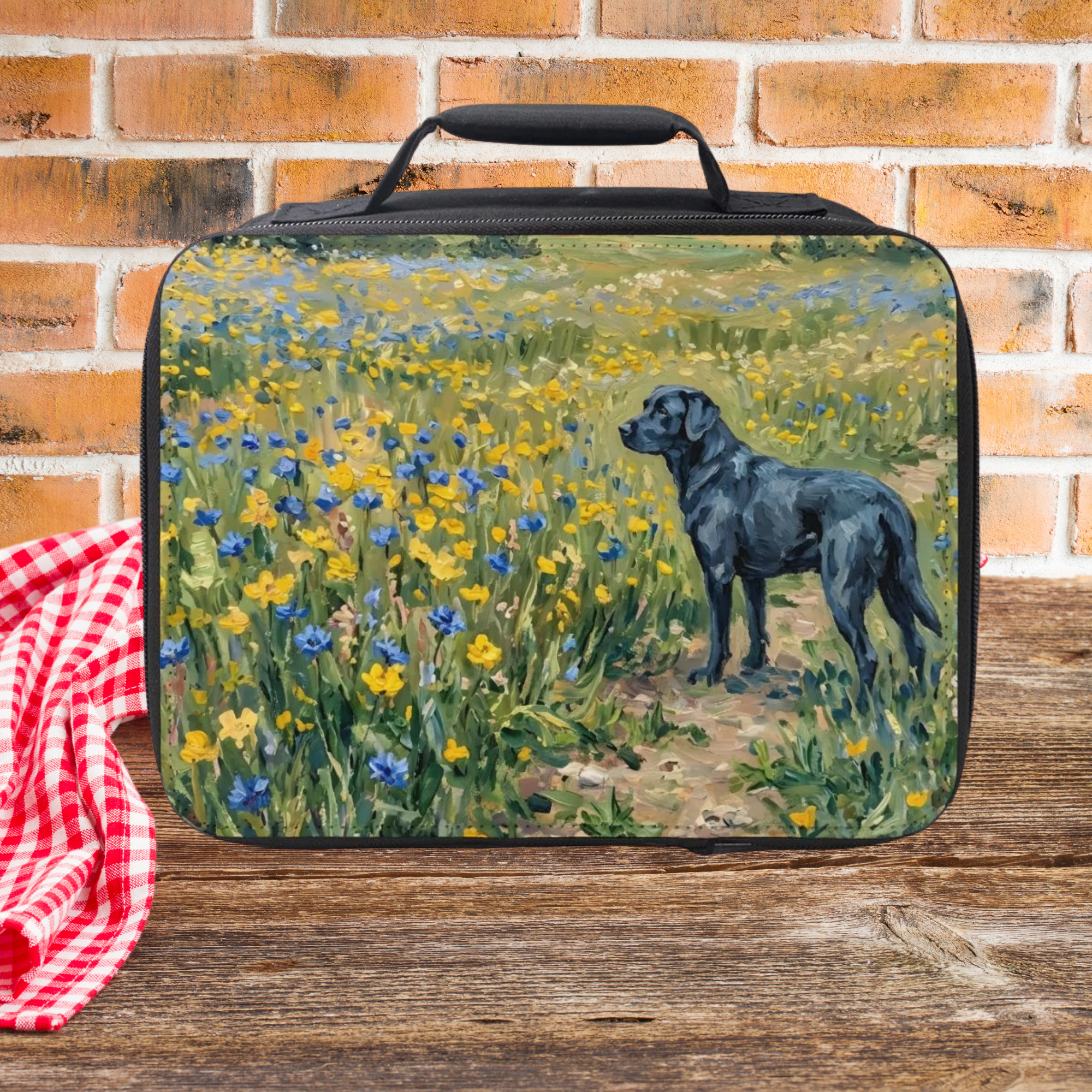 Black Labrador In Yellow and Blue Wildflowers Insulated Lunch Bag