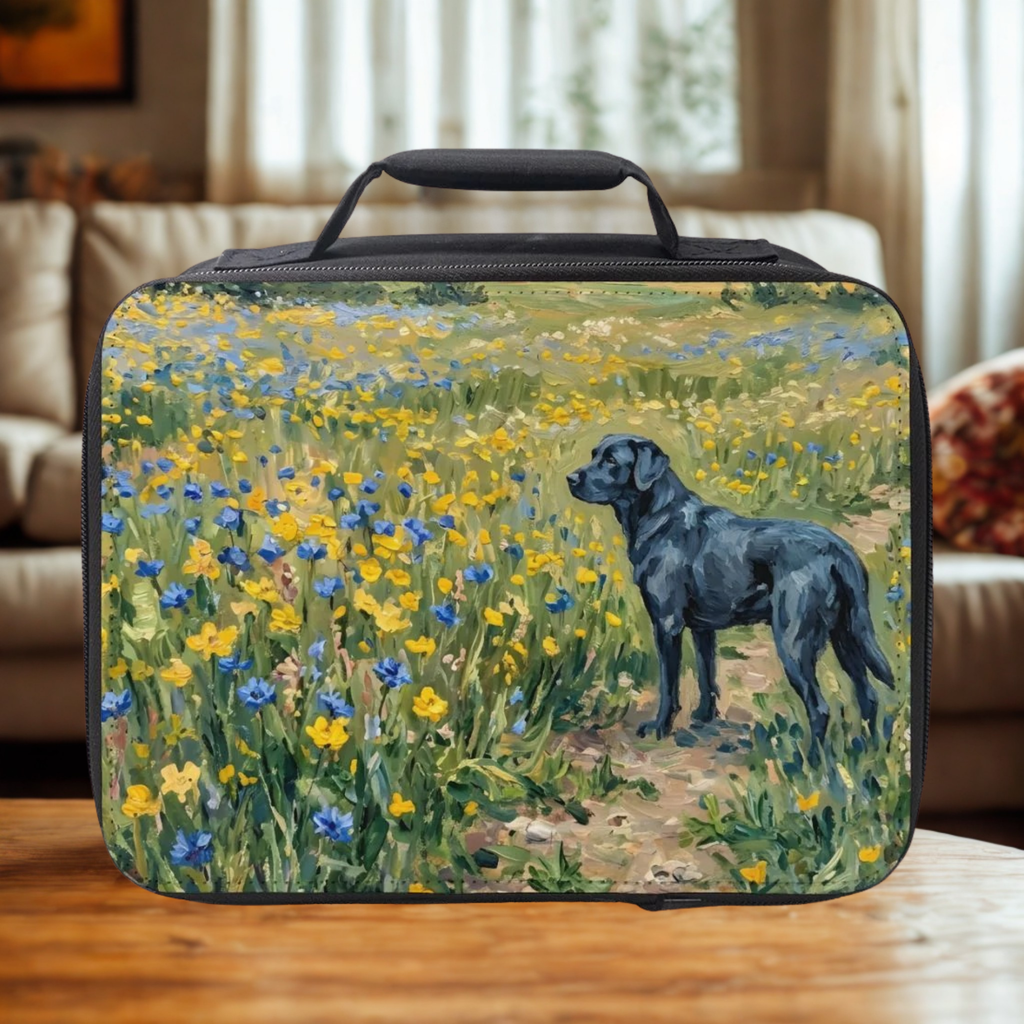 Black Labrador In Yellow and Blue Wildflowers Insulated Lunch Bag