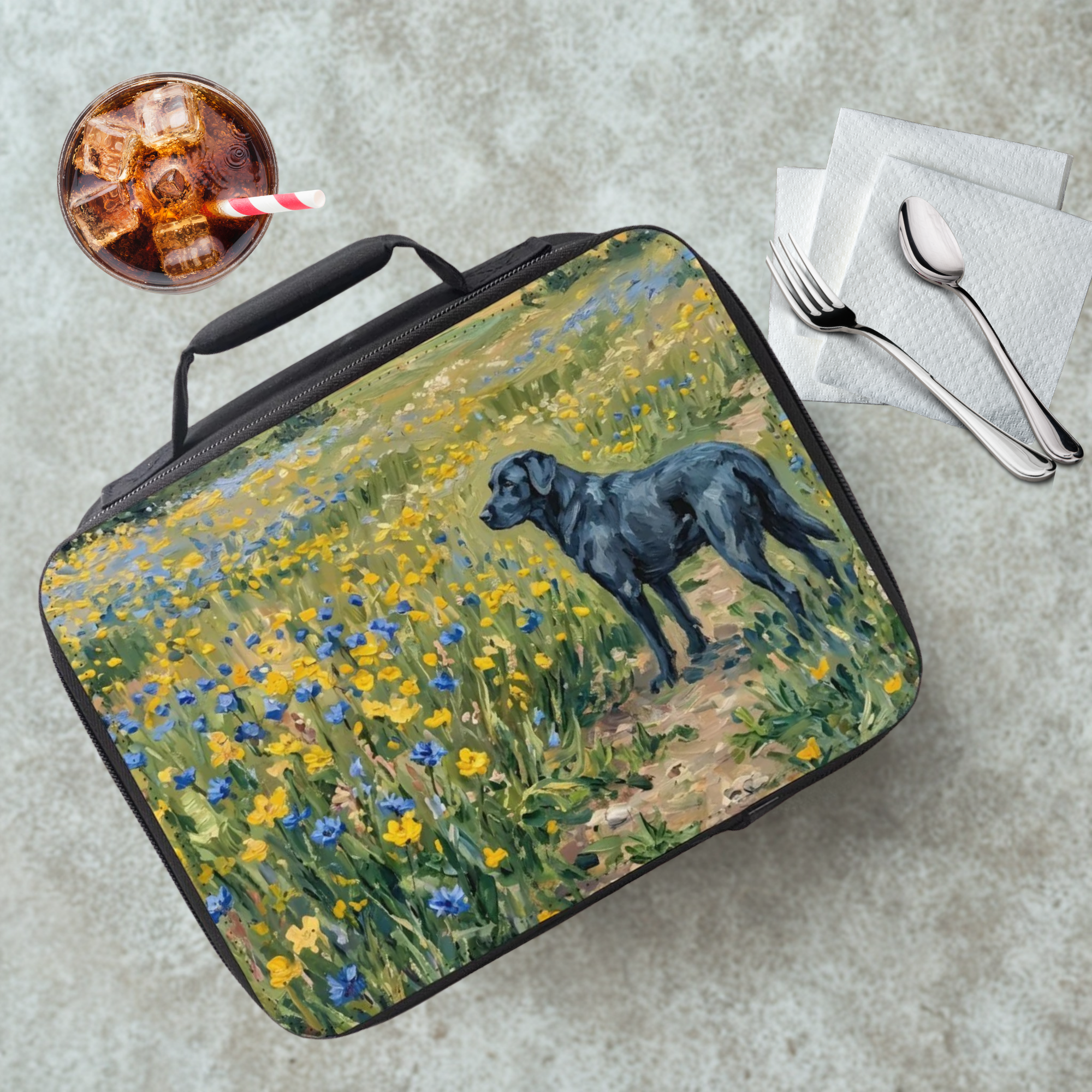 Black Labrador In Yellow and Blue Wildflowers Insulated Lunch Bag