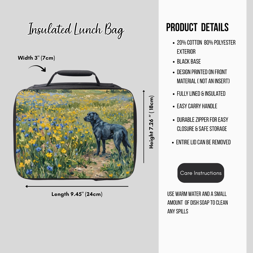Black Labrador In Yellow and Blue Wildflowers Insulated Lunch Bag