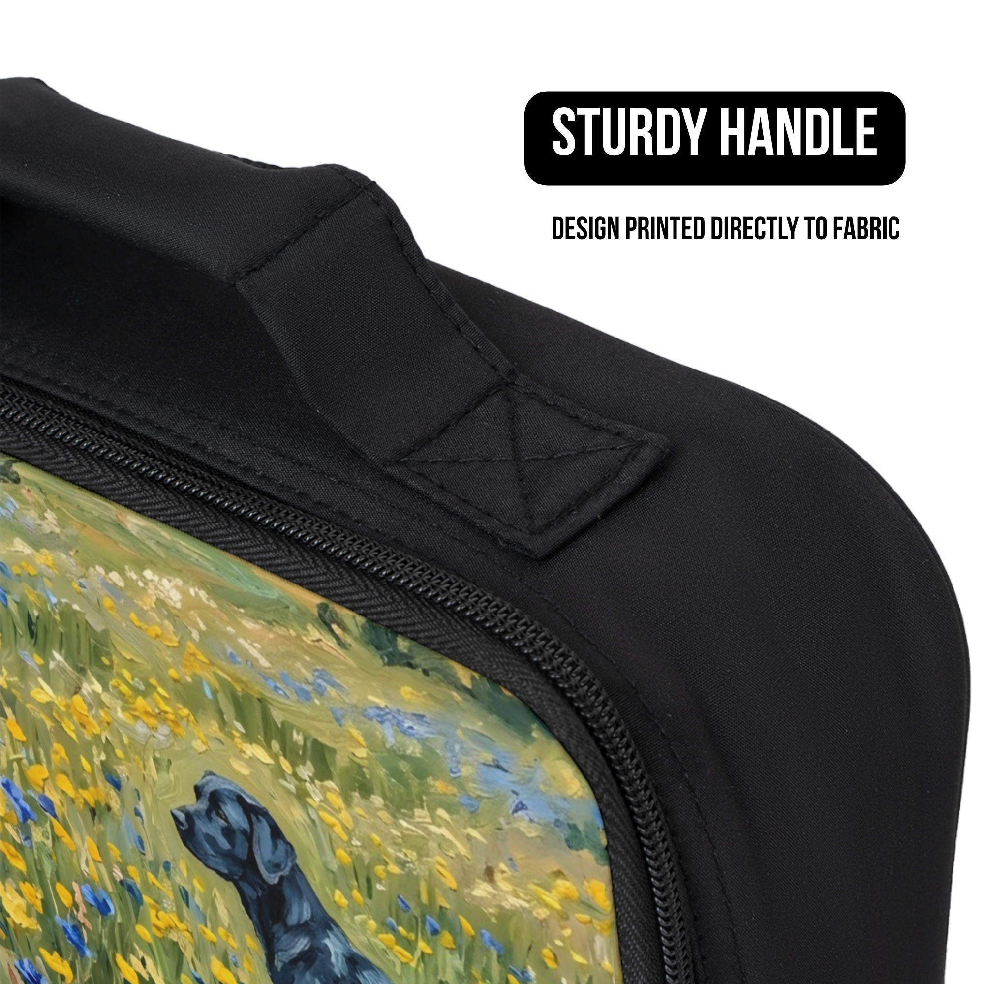 Black Labrador In Yellow and Blue Wildflowers Insulated Lunch Bag