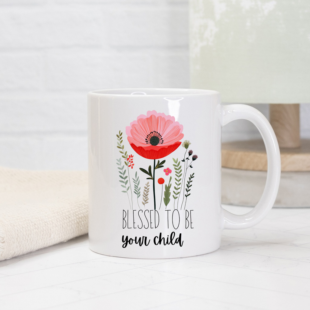 White11oz mug with floral design and text 'Blessed to be your child' on a light background
