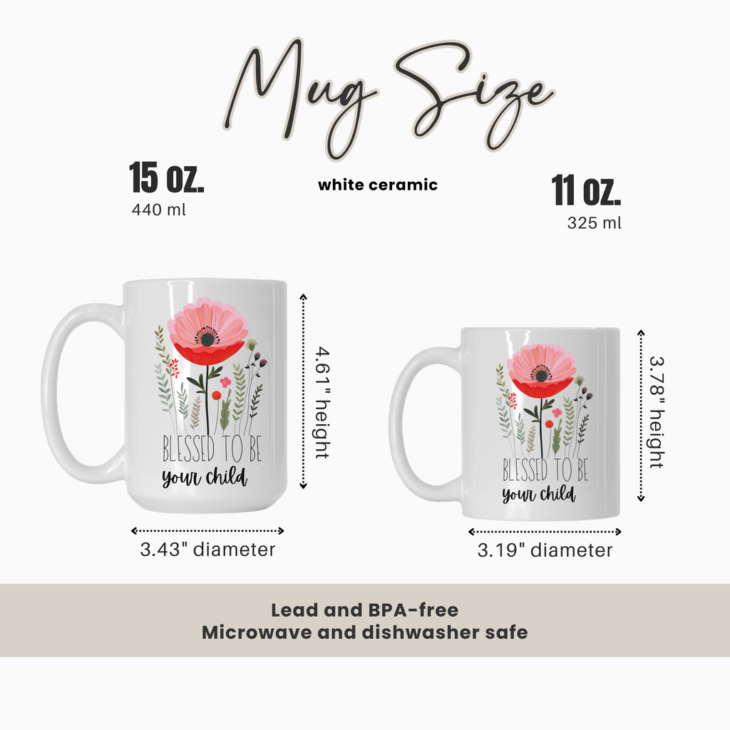 15oz and 11oz mugs with floral designs and text, showing size comparison and measurements.