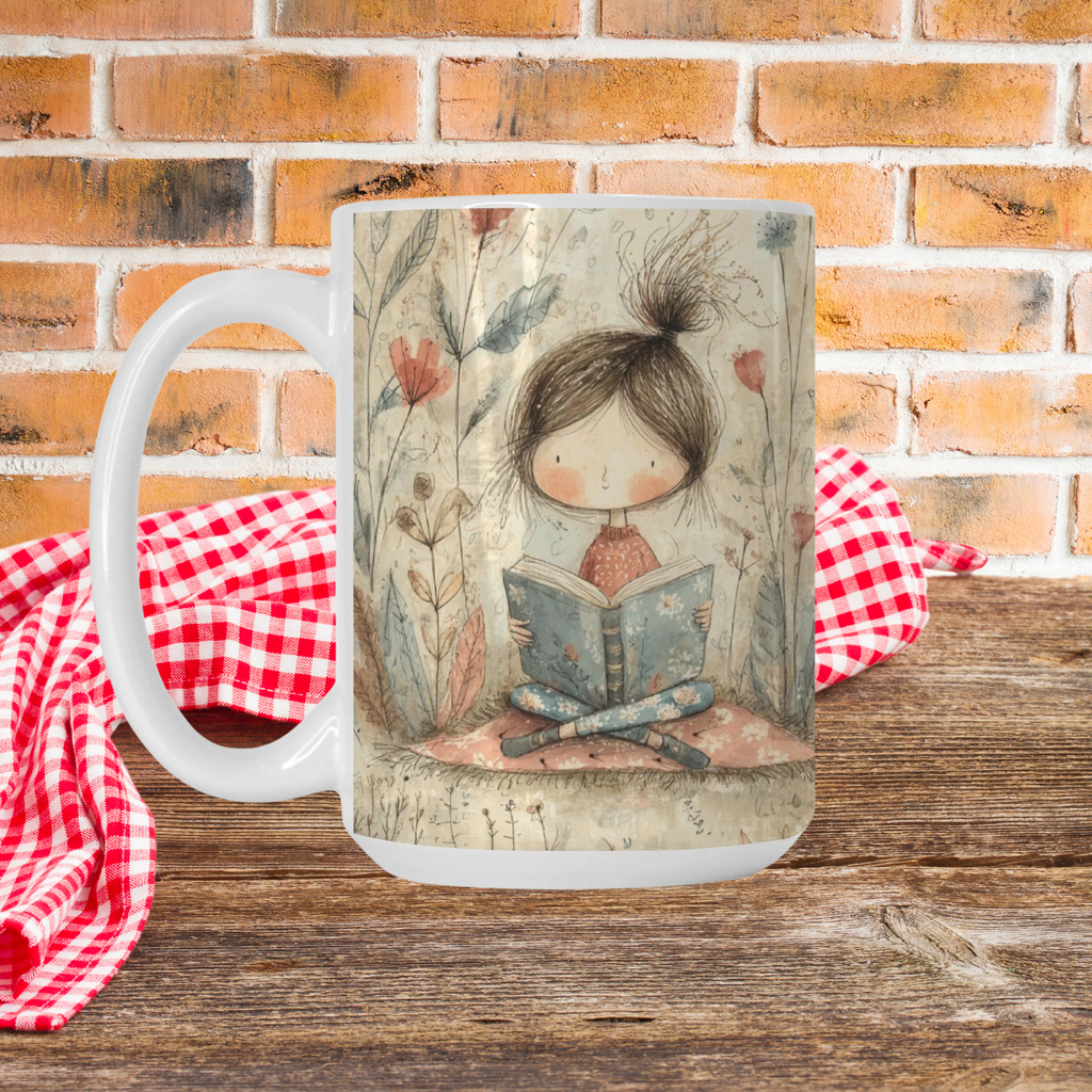 Mug with a design of a girl reading a book on a wooden picnic table against a brick wall background