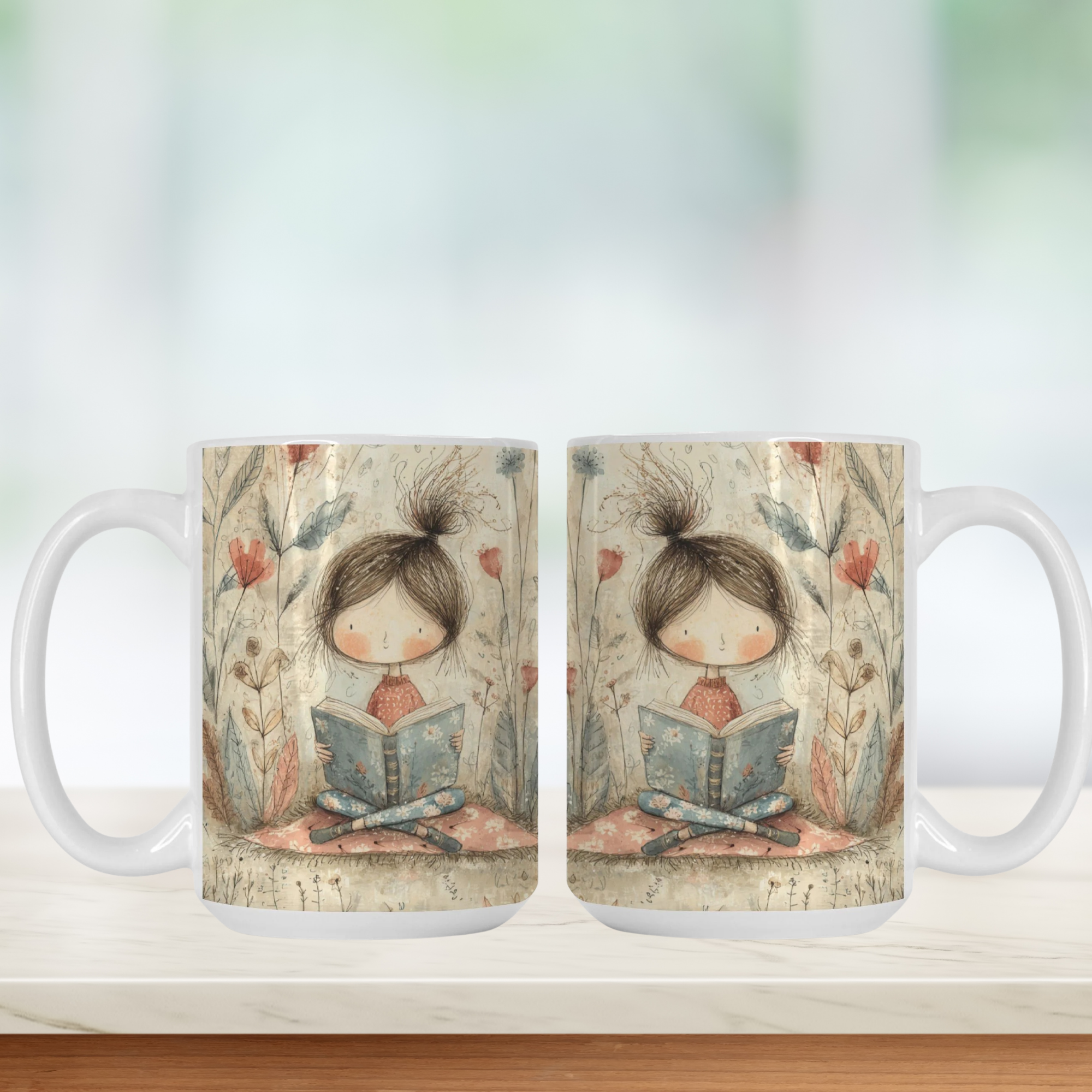 Two mugs with a design of a girl reading a book on a white background