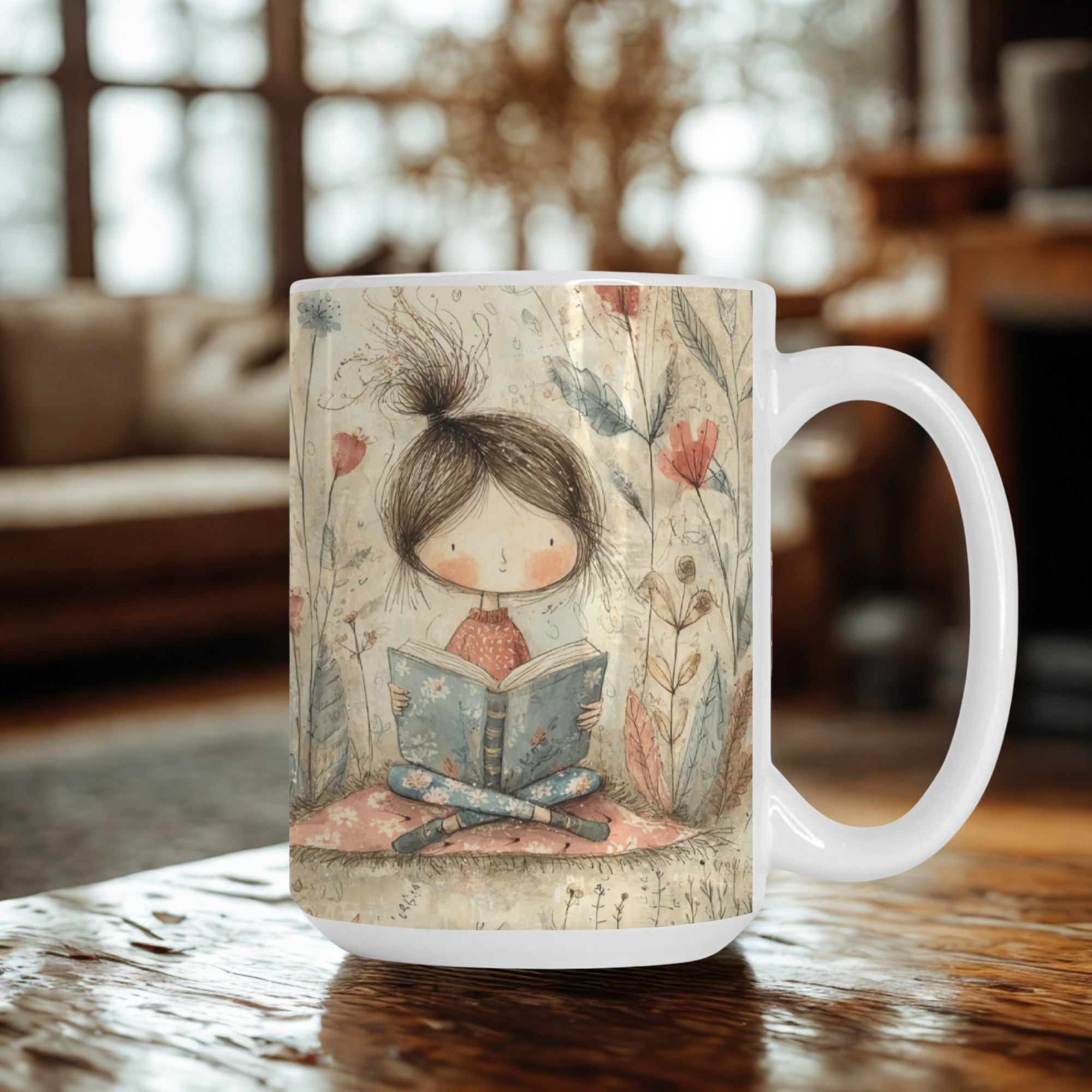 Mug with a design of a girl reading a book on a wooden table.