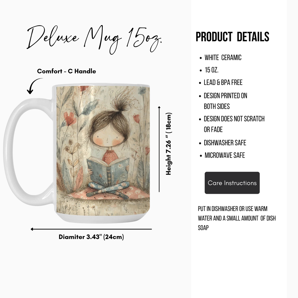 Deluxe mug with a design of a girl reading a book, featuring product details on a white background.