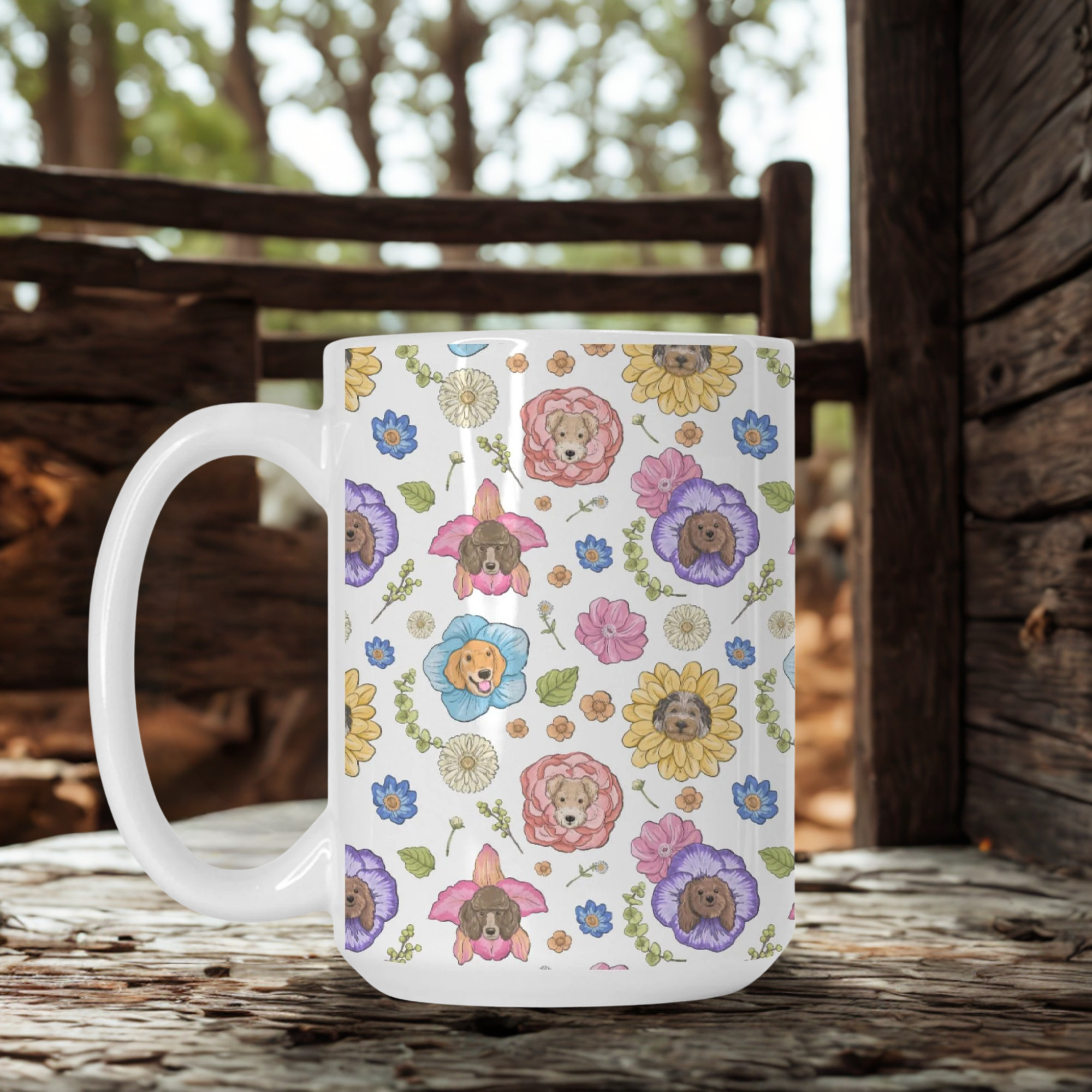 White mug with hand-drawn dogs and floral pattern on a wooden surface