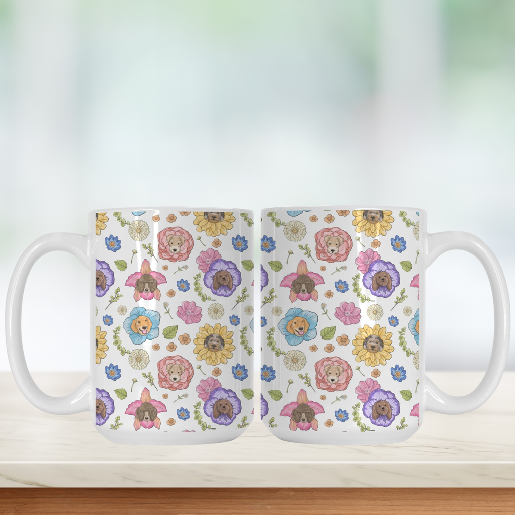 Two mugs with floral and dogs pattern on a white background