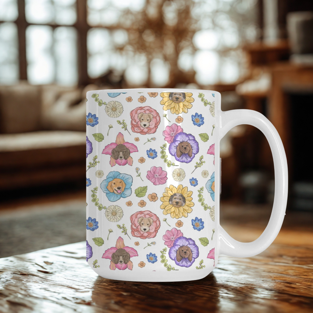 White mug with floral and dog pattern on a wooden table