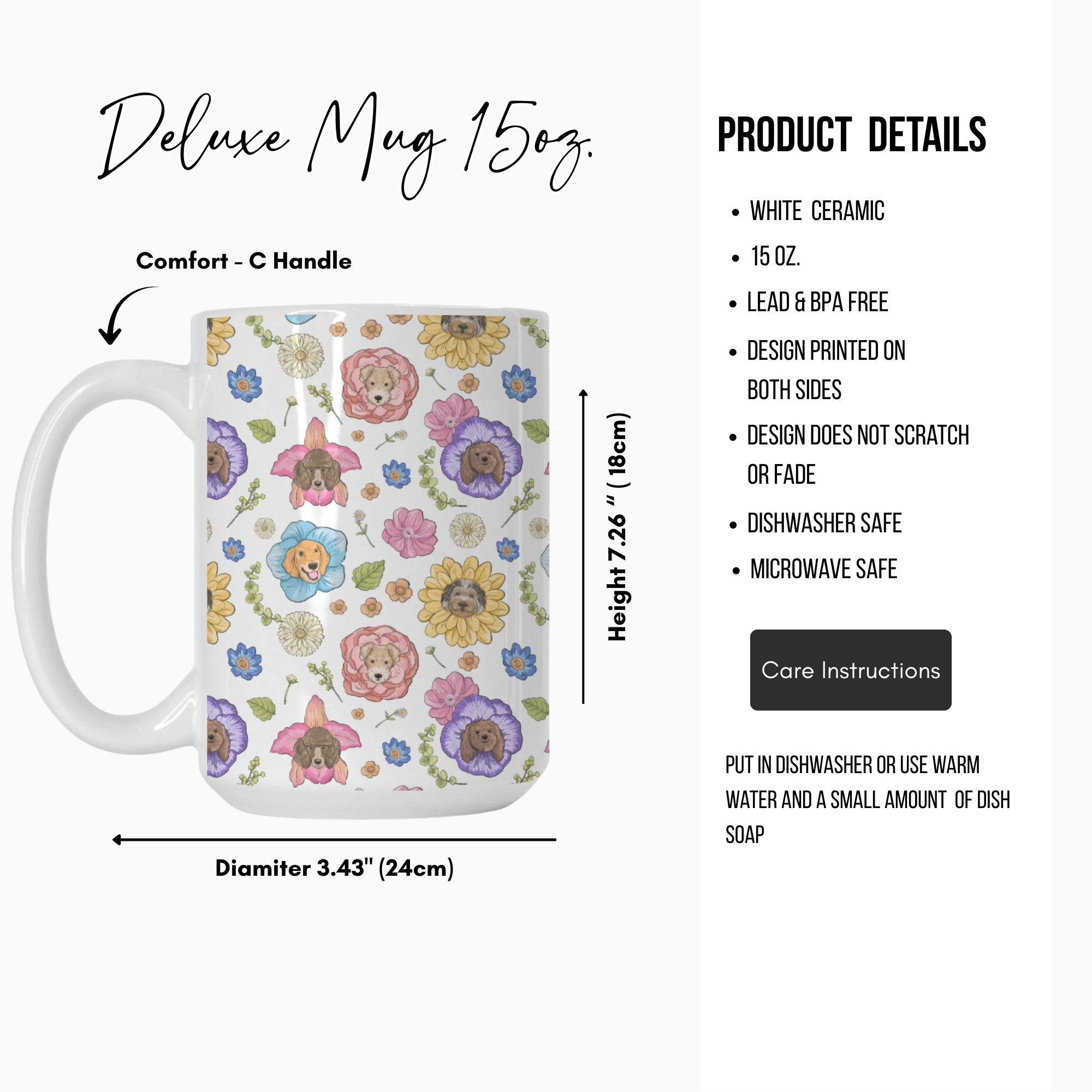 White ceramic mug with floral and dog design, featuring product details on a white background.