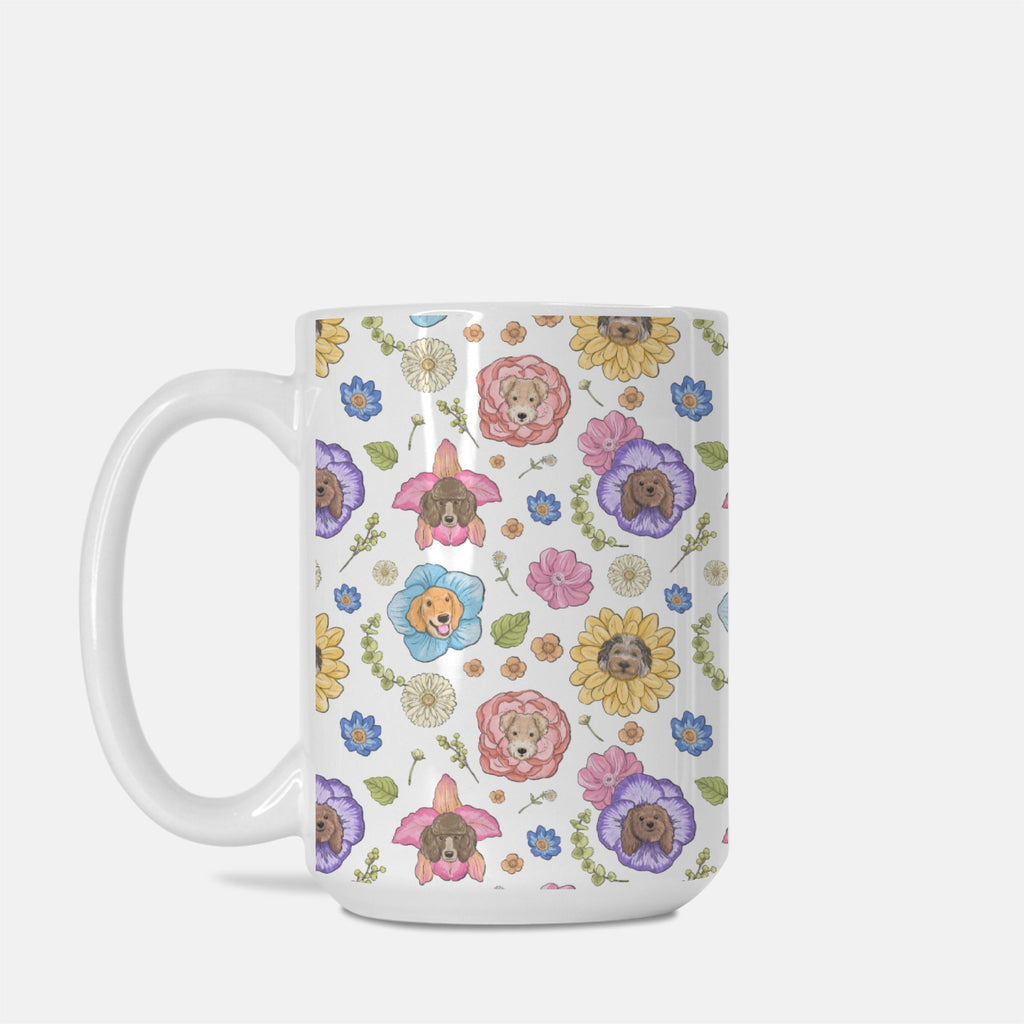Mug with dogs and floral pattern on a white background