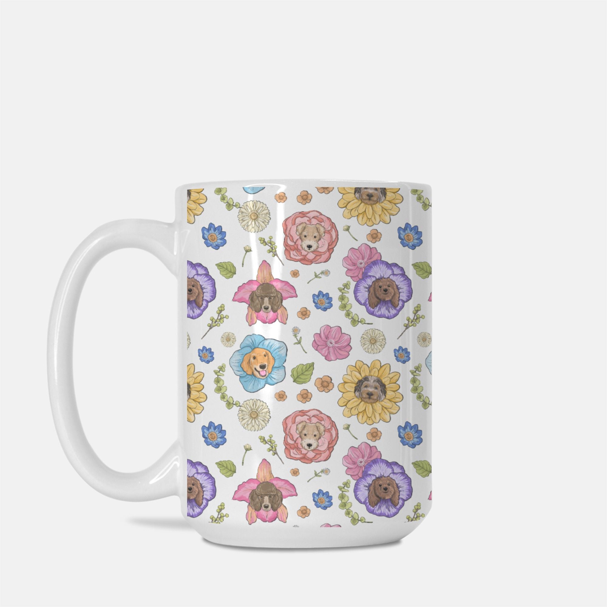 Mug with dogs and floral pattern on a white background