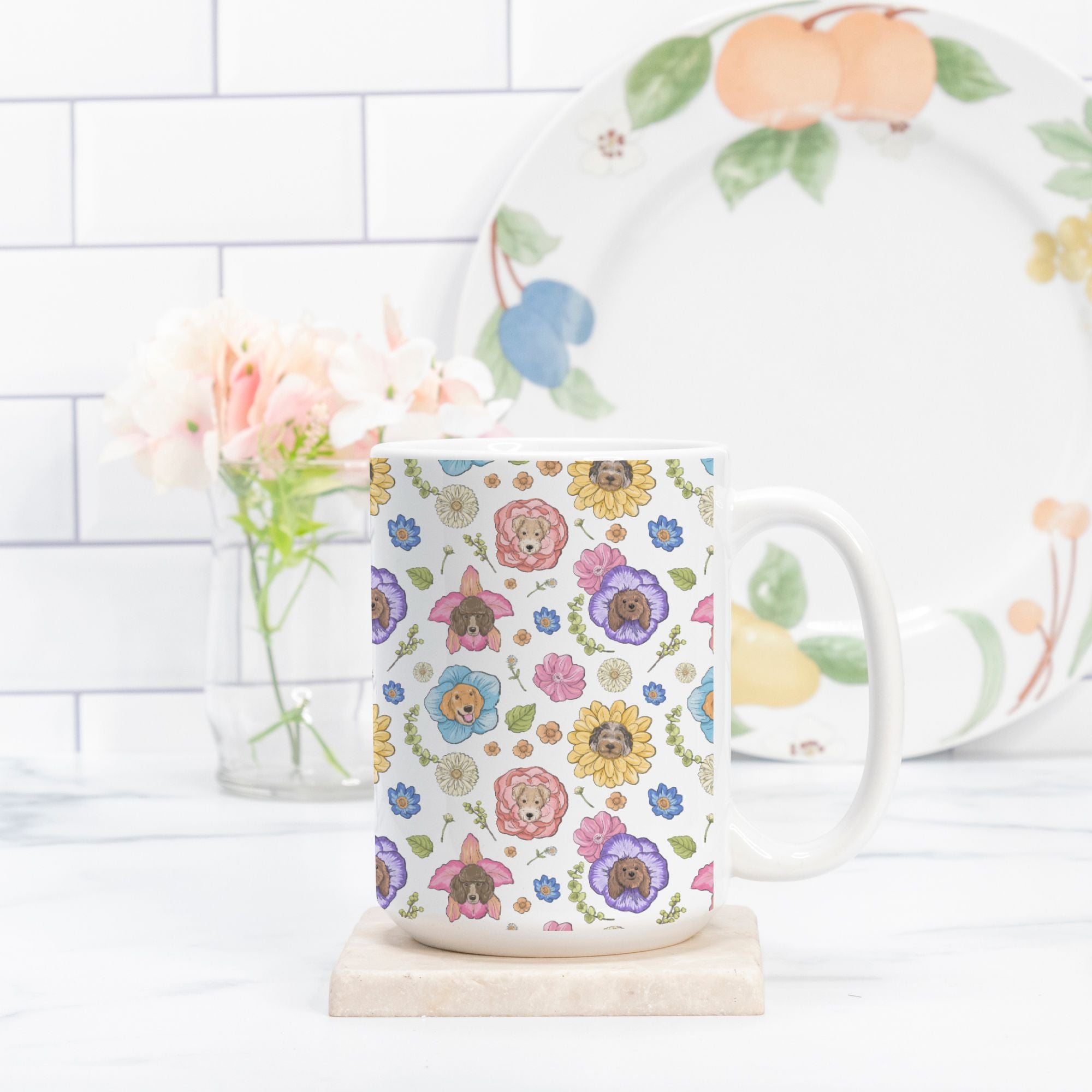 Mug with floral pattern on a white surface with a blurred background