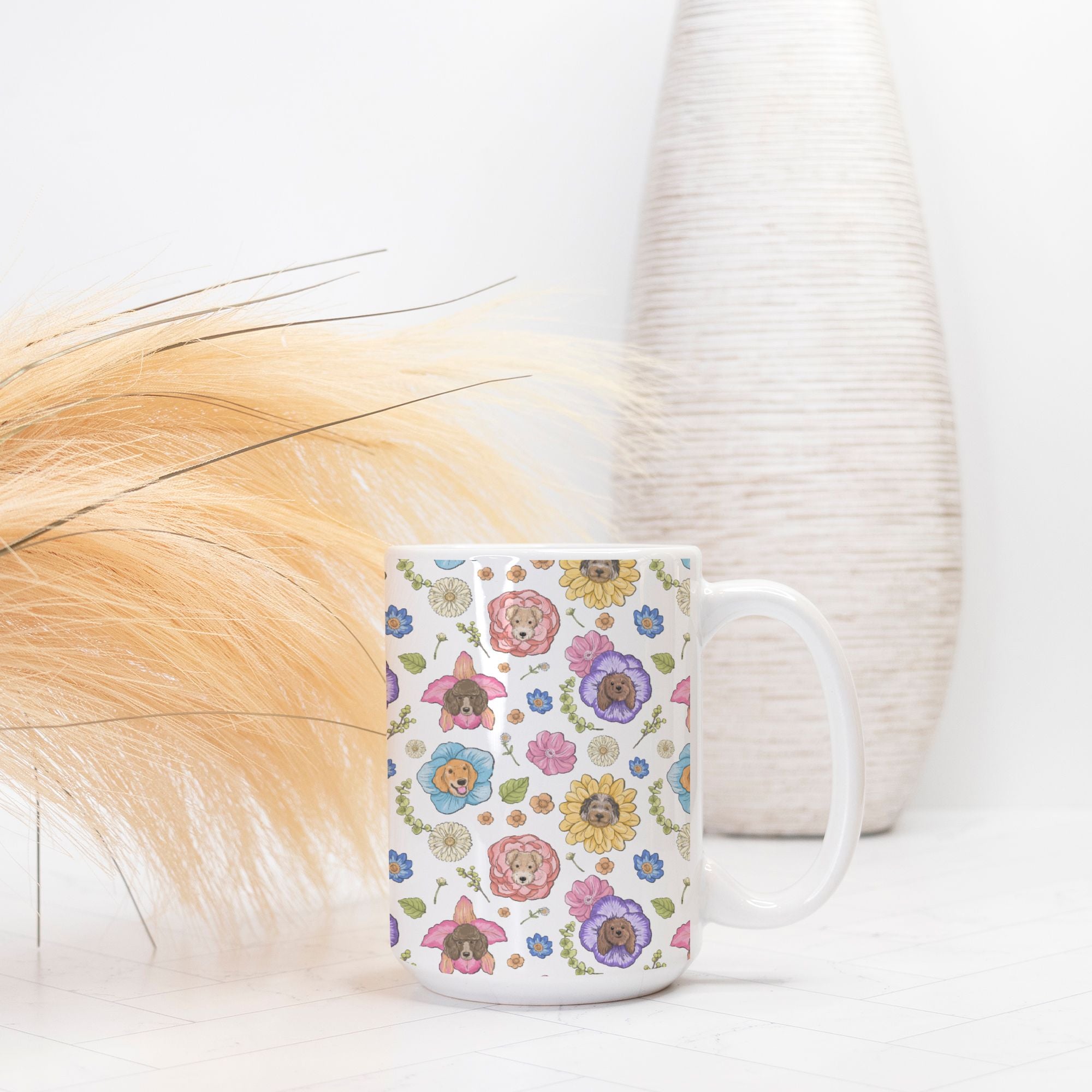 Mug with a dog &  floral pattern on a white surface with decorative elements
