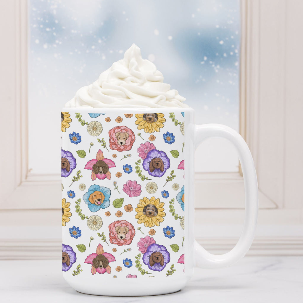 White mug with floral and dog pattern on a white surface with a light blue background