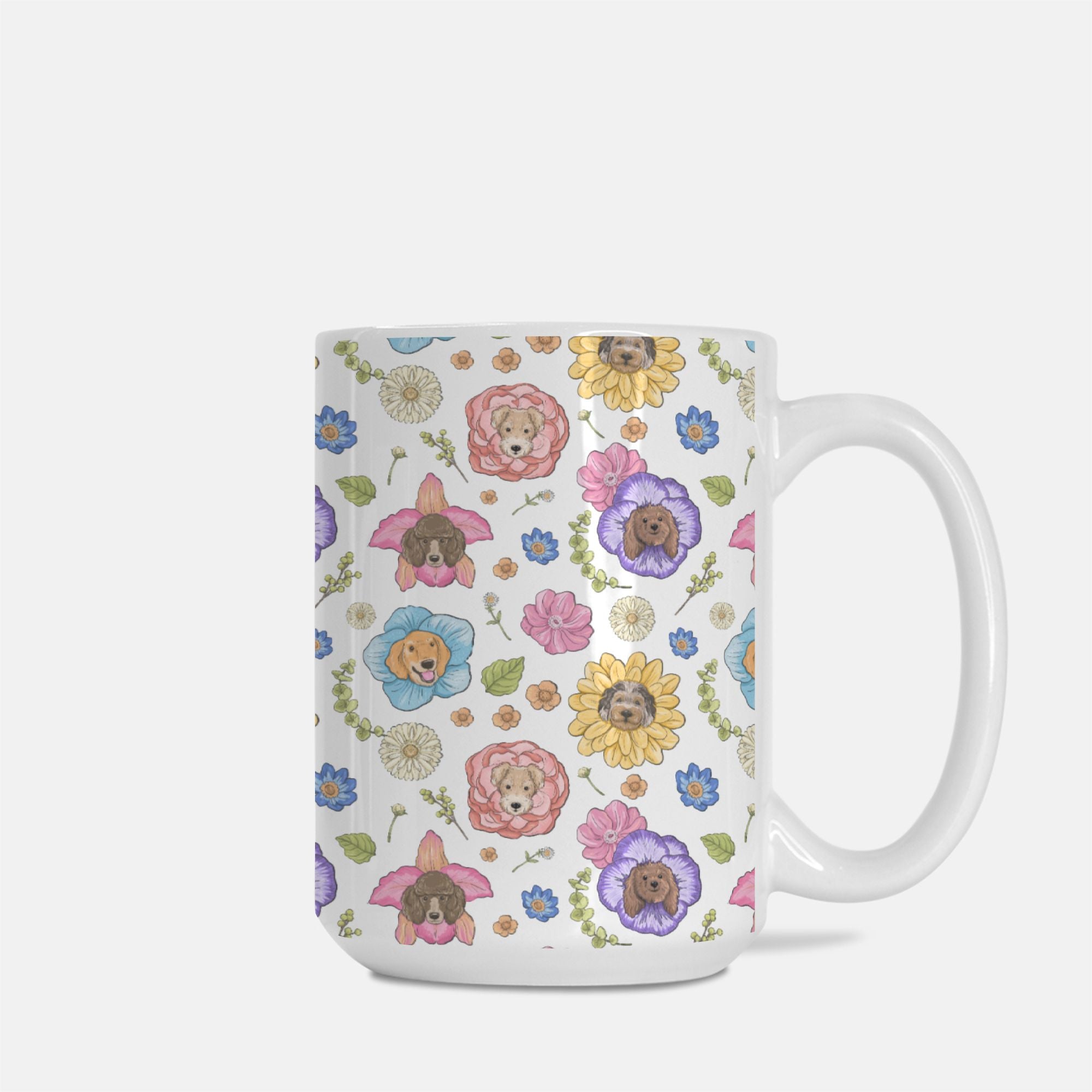 White mug with hand-drawn dogs and floral pattern on a white background