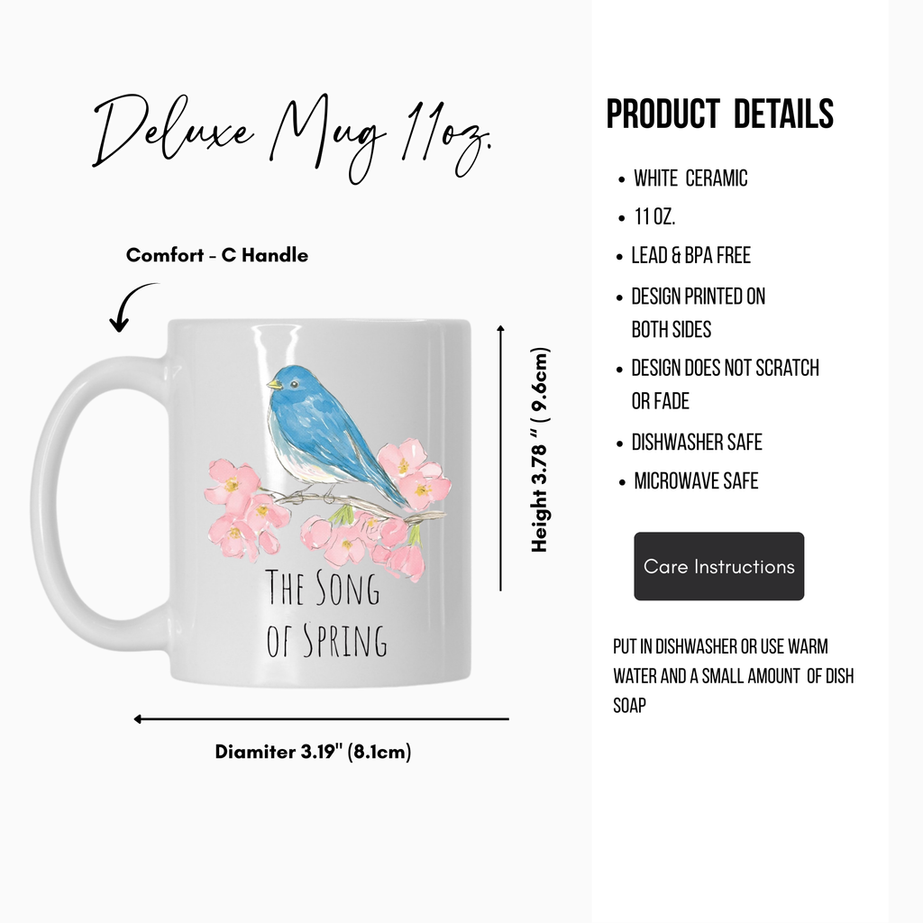 White ceramic mug with blue bird and pink flowers design, featuring product details on a white background.