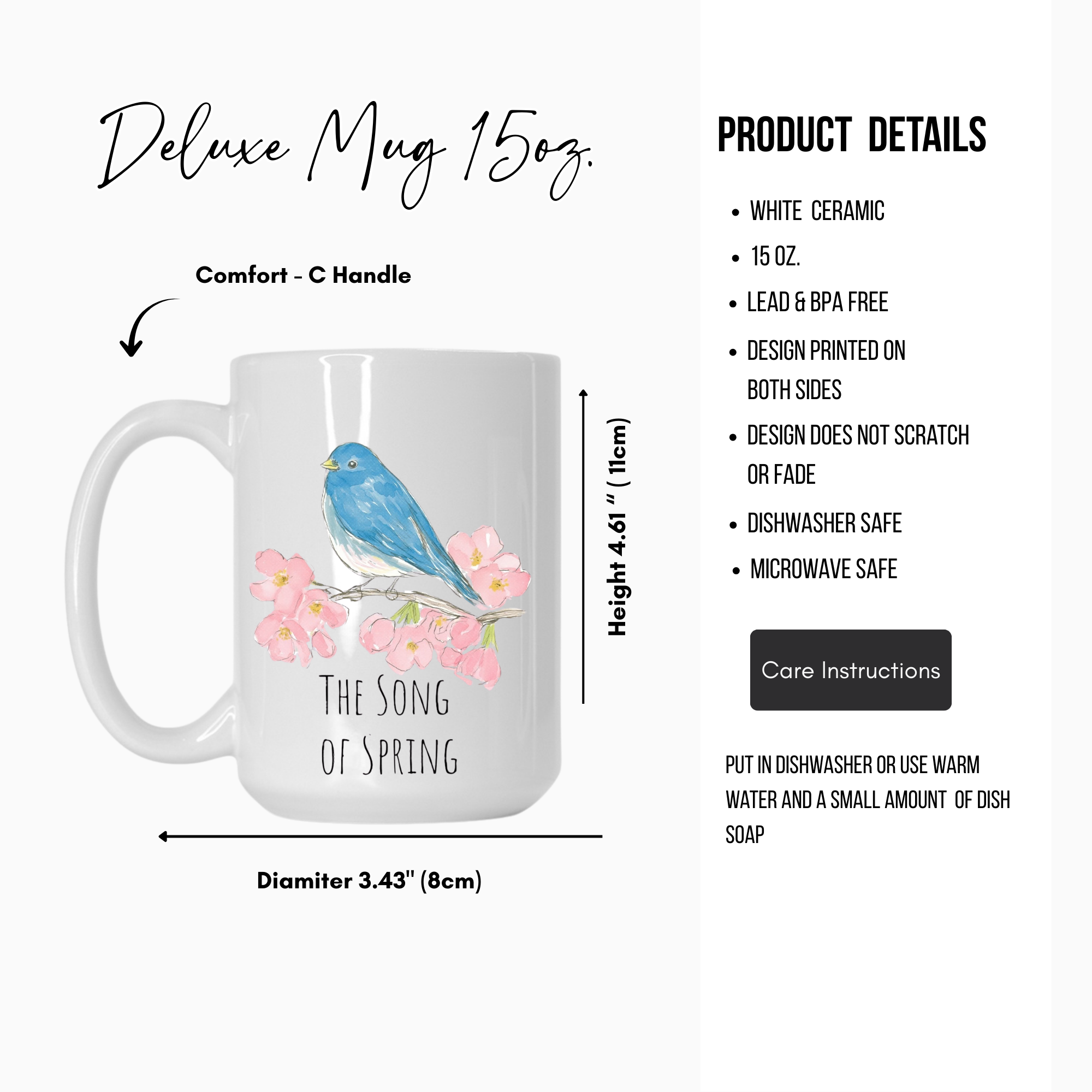 White ceramic mug with blue bird and cherry blossoms design, featuring product details on a white background.