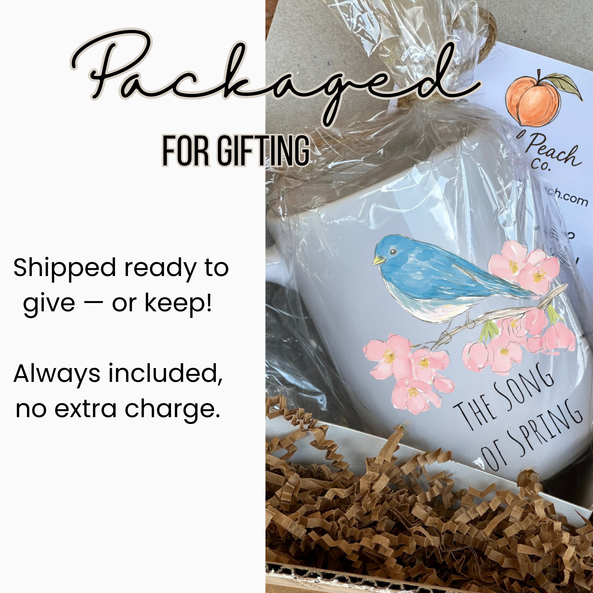 Gift-wrapped 15oz mug with a bird and floral design, labeled 'Peach Co', on a white background.