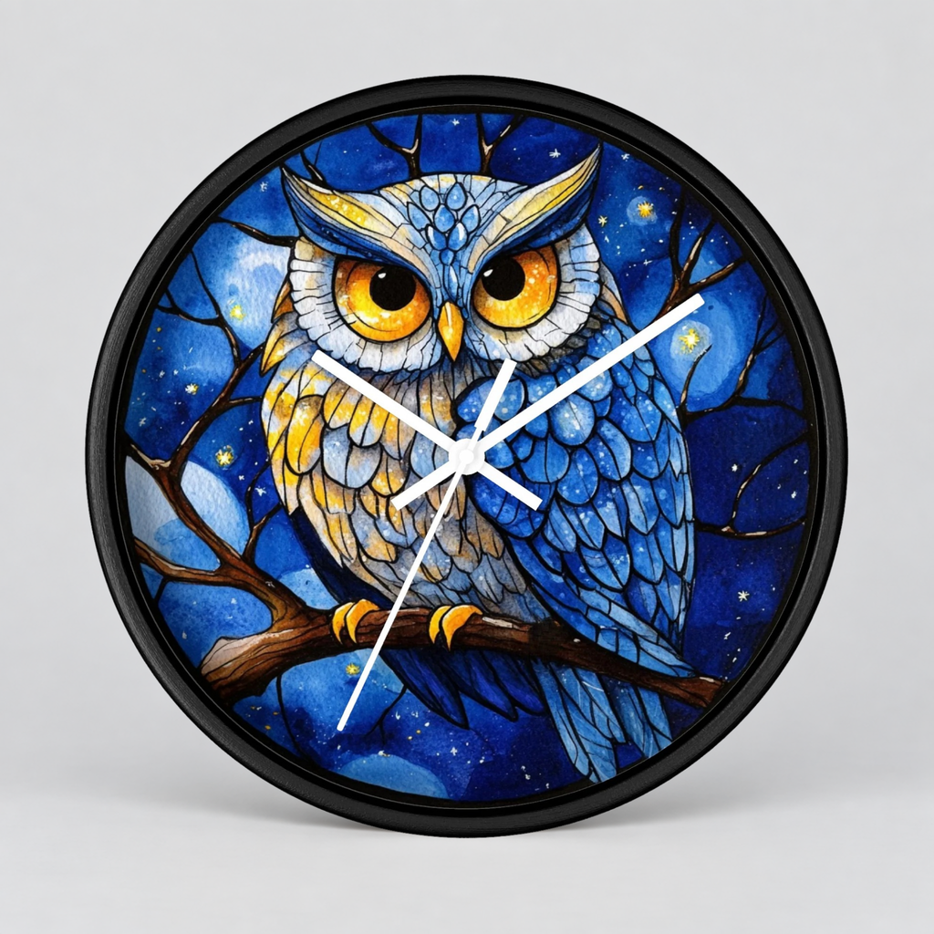 Round wall clock with a black frame and a stained-glass style illustration of a blue owl perched on a branch against a starry night sky.