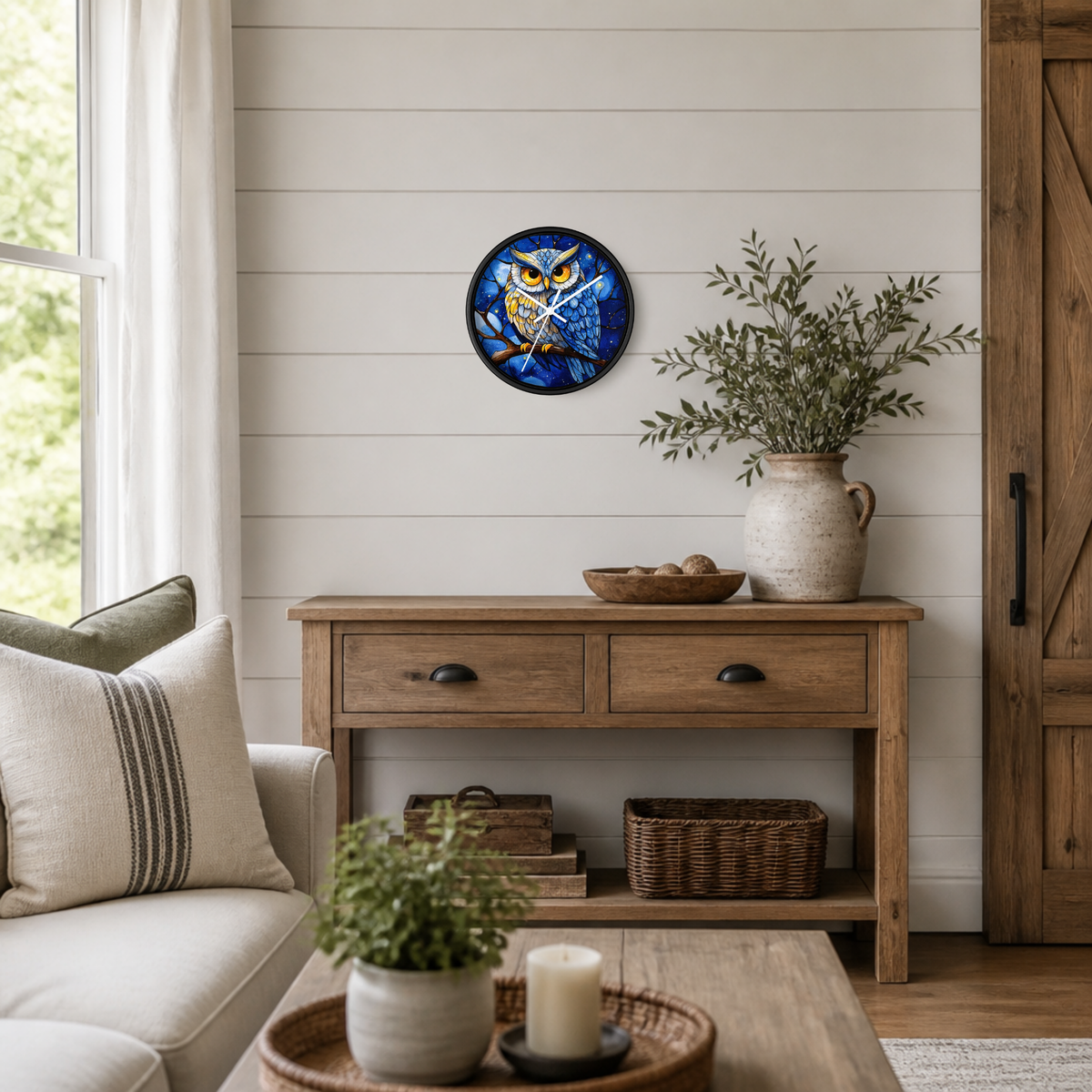 A round wall art piece featuring a blue owl illustration hangs on a white shiplap wall above a wooden console table in a styled living room setting.