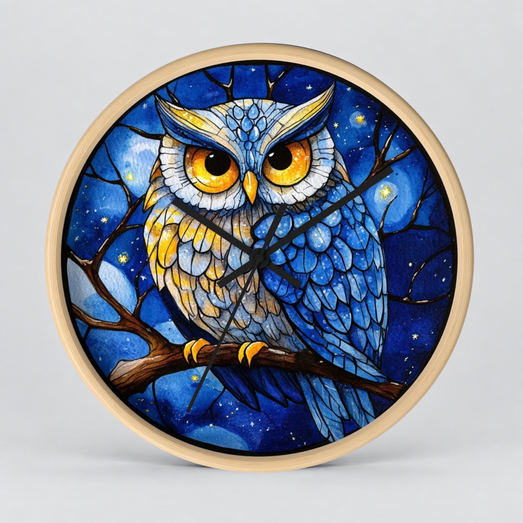 Round wall clock with a light wood frame featuring a stained-glass style illustration of a blue owl perched on a branch against a starry night sky.