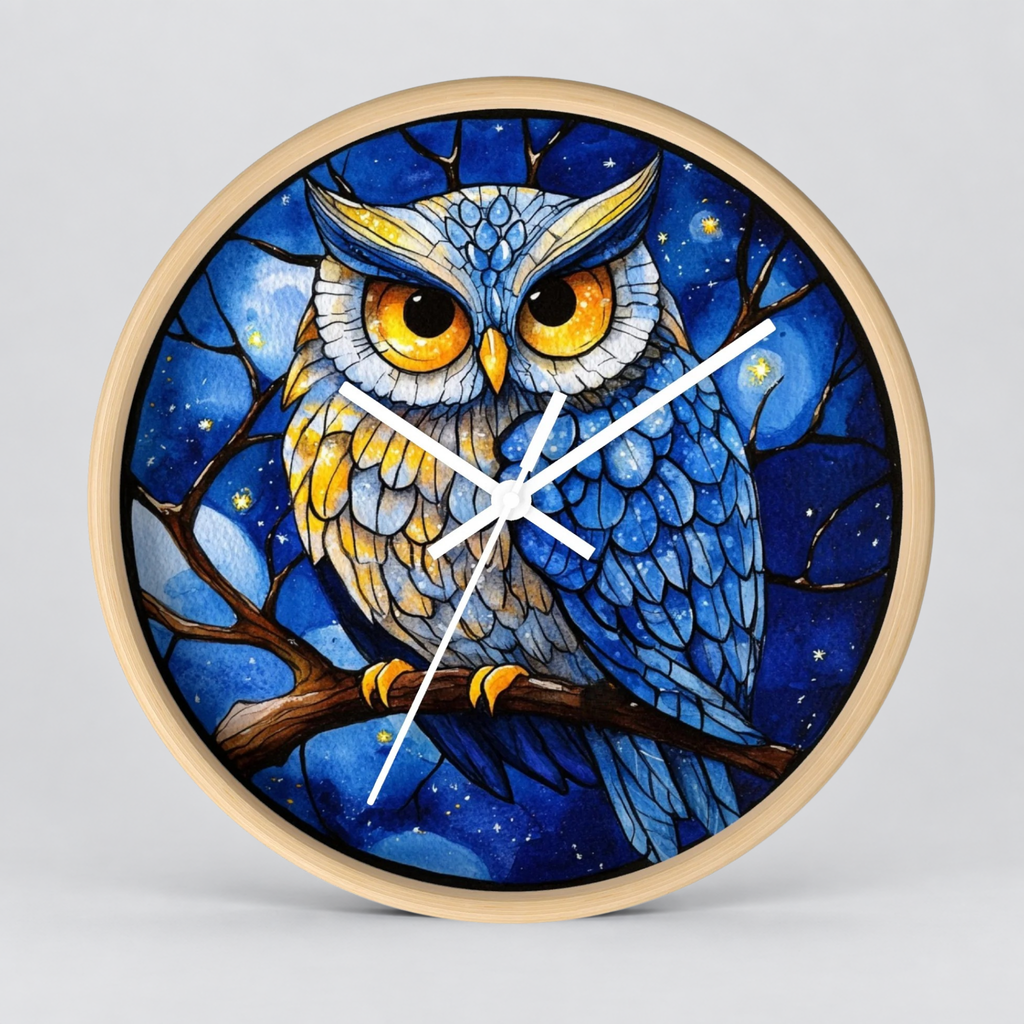 Round wall clock with a light wood frame featuring a stained-glass style illustration of an owl perched on a branch against a deep blue night sky.