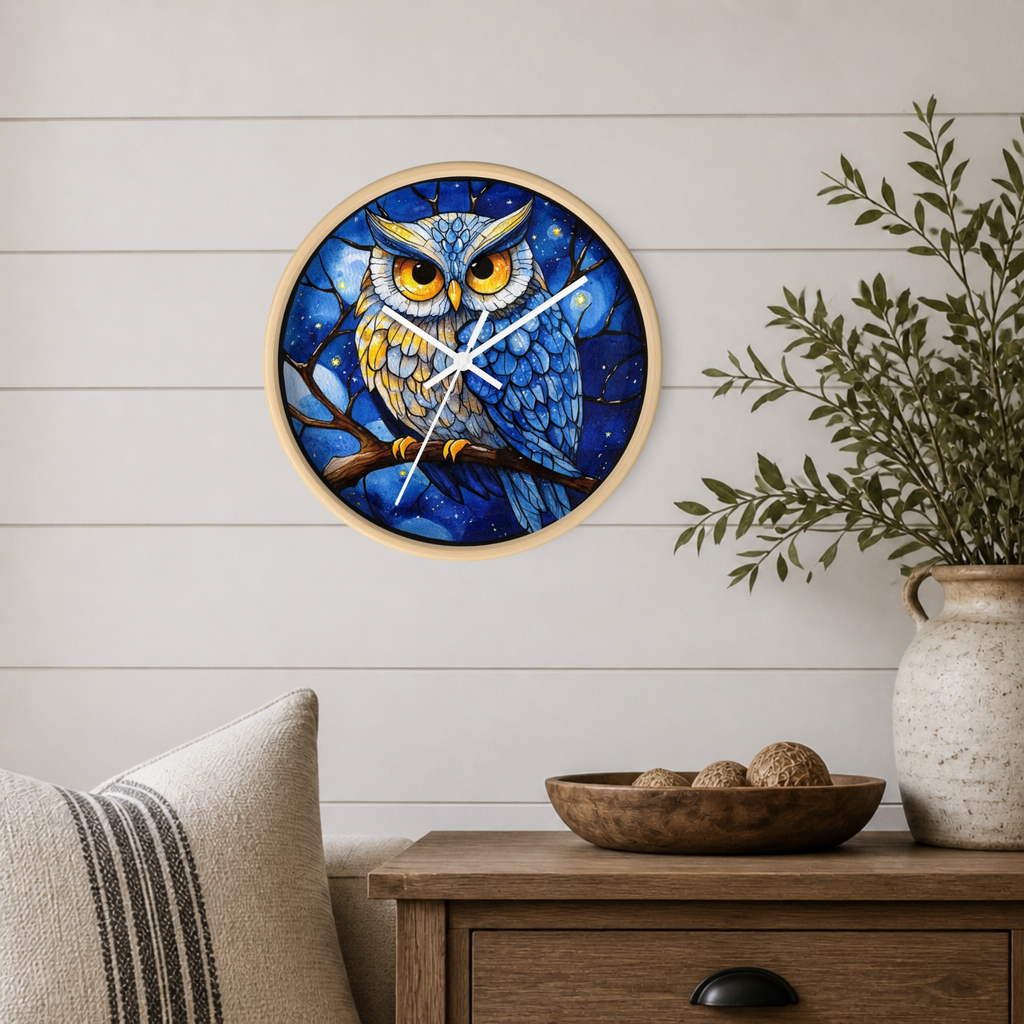 A round wall clock with a light wood frame hangs on a white shiplap wall above a wooden side table. The clock face features a colorful stained-glass-style illustration of a blue owl perched on branches against a deep blue night sky.