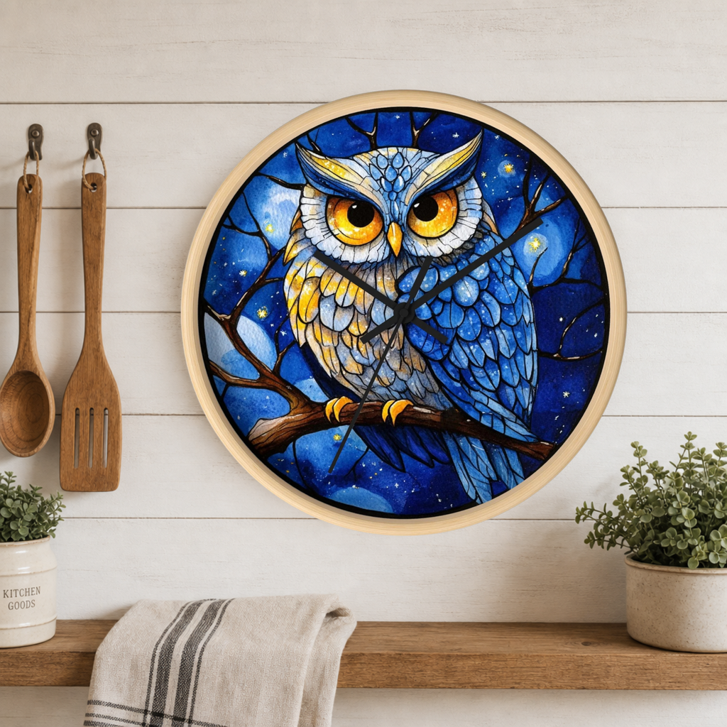 A round wall clock with a light wood frame featuring a colorful stained-glass-style illustration of a blue owl perched on a branch against a starry night sky. The clock is mounted on a white wood-paneled wall above a wooden shelf with kitchen utensils, a towel, and potted plants.
