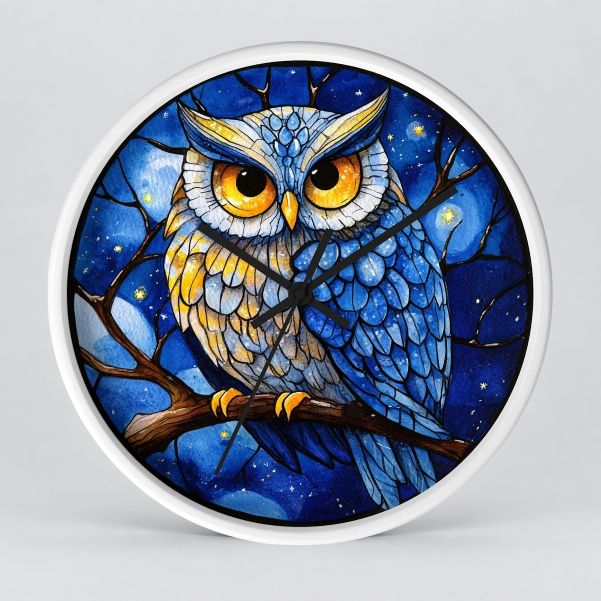 Round wall clock with a white frame and a stained-glass-style illustration of a blue owl perched on a branch against a starry night sky.