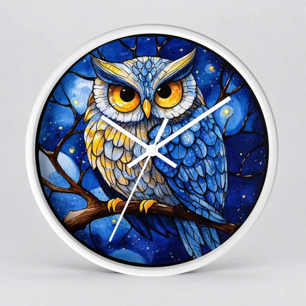 Round wall clock with a white frame and a stained-glass-style illustration of a blue owl with large yellow eyes perched on a branch against a starry night sky.